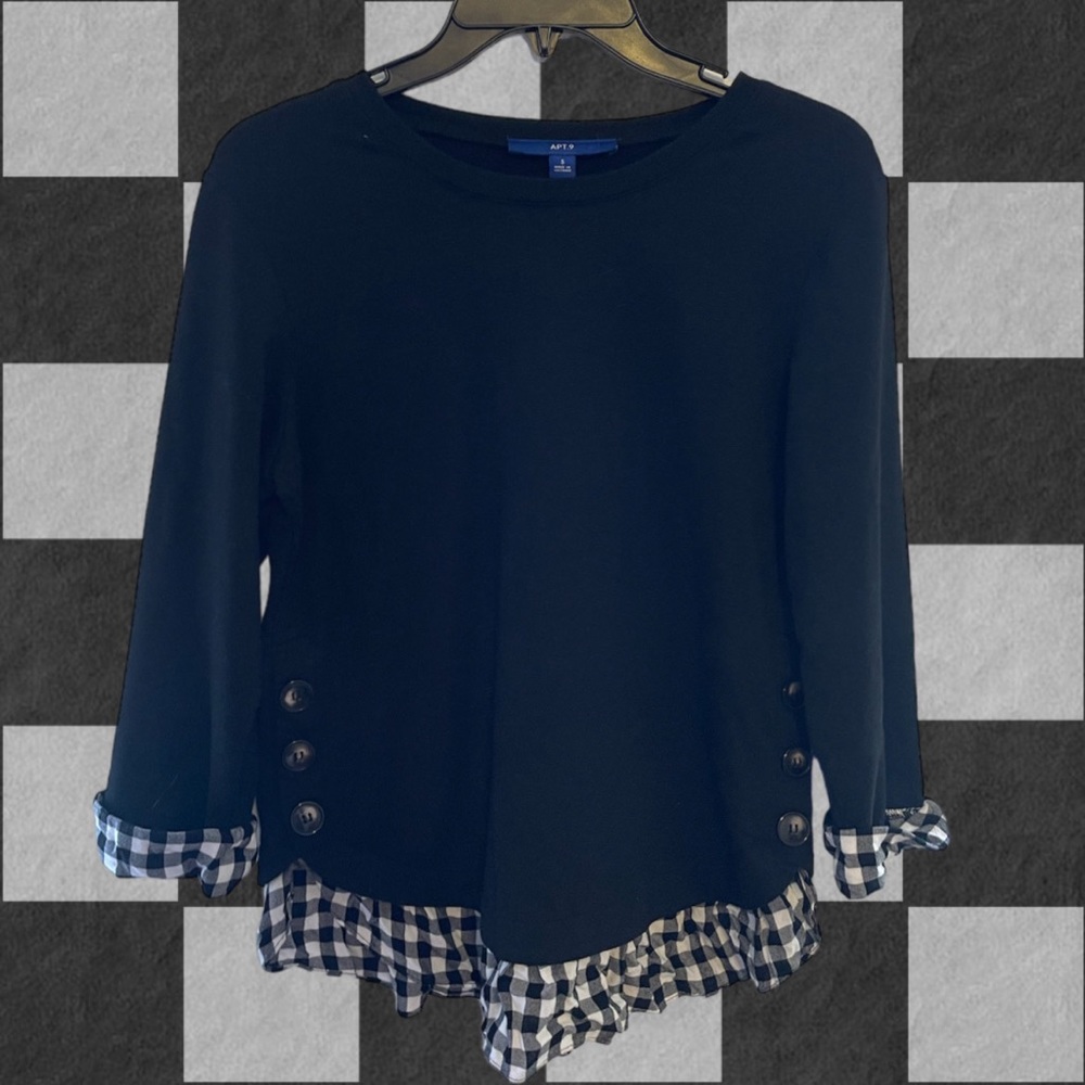 APT. 9 Black Blouse with Plaid Sleeve Folds